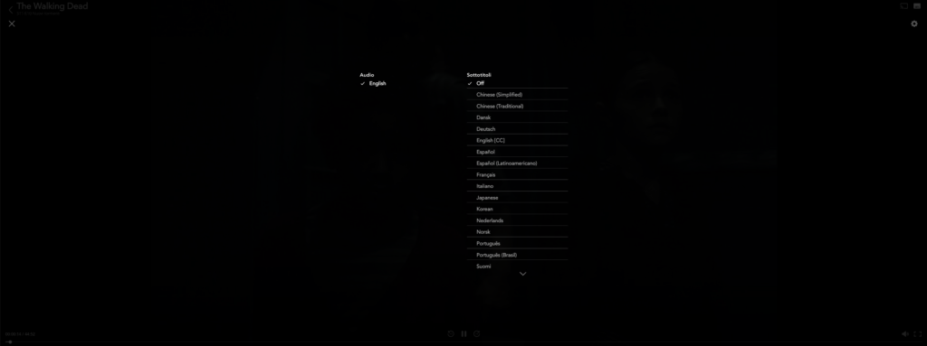 La schermata di selezione Audio e Sottotitoli dell'episodio 11x10 di The Walking Dead su Disney+